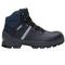 Black safety boots with blue reinforcement and white stripe, brand name 'uvex', suitable for industrial workplace safety.