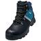 A black safety shoe with blue accents and yellow-black striped laces, designed for protection and comfort.