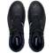 Black and navy blue safety shoes with yellow and black striped laces, 'uvex' printed on the tongues, viewed from above.