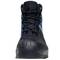 Black and blue safety boots with yellow and black speckled laces and a robust rubber sole.