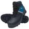 Two work boots with black leather and blue inserts. They have a sturdy, structured rubber sole and yellow laces.
