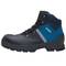 Safety boots, black and blue, with lace-up fastening and reflective strips. Sole with heavy-duty tread. Brand lettering visible on the side.
