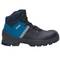 Black, ankle-high work shoe with blue and grey accents, two shiny lace loops, and uvex logo.