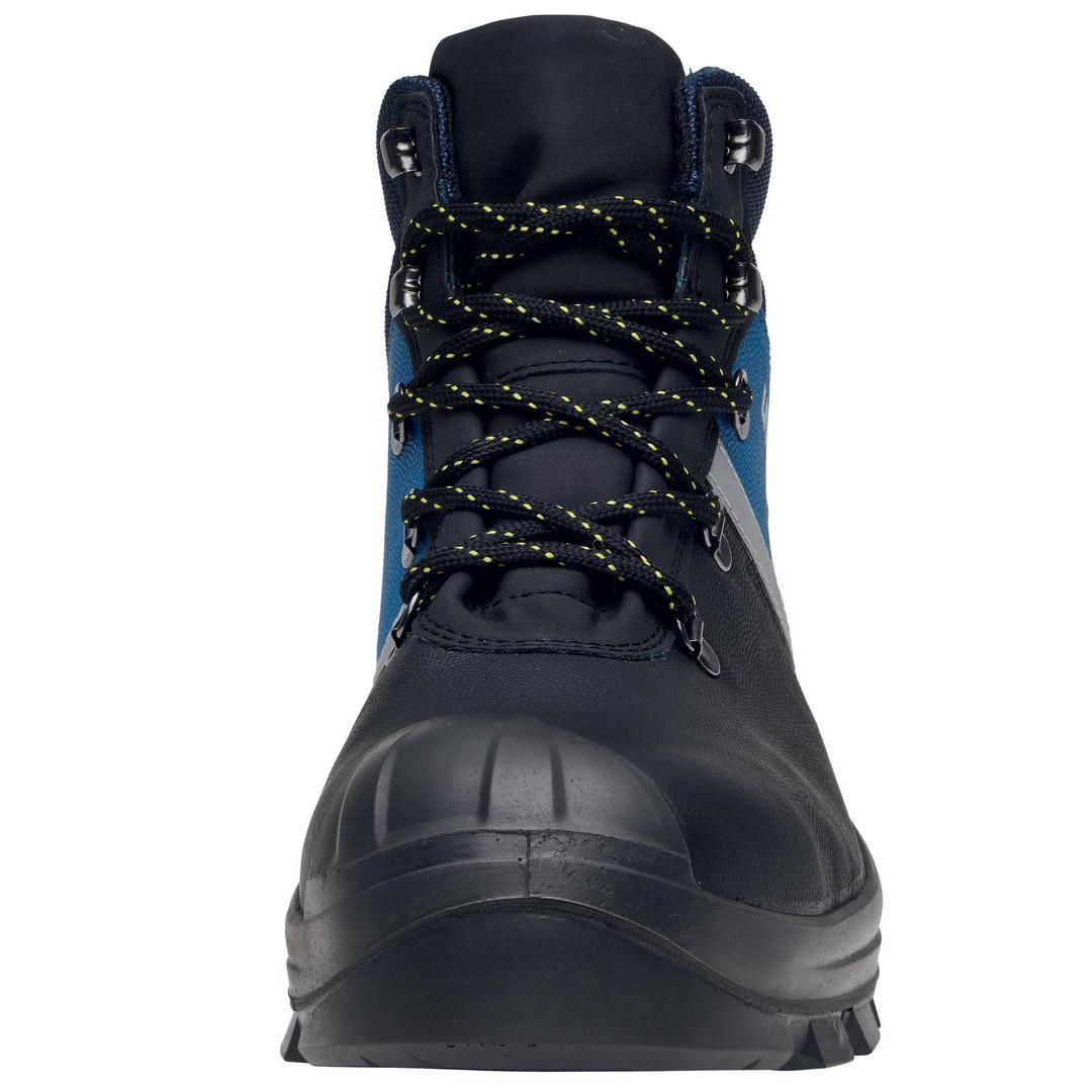 Blue and black work boot with a black sole, pictured from the front. The boot has yellow and black patterned laces.