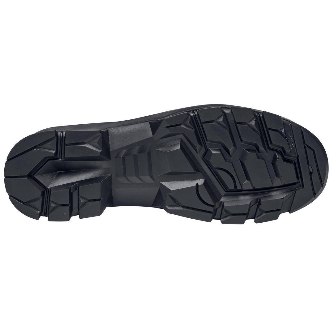 Black shoe sole with robust tread, designed for enhanced traction and stability across different surfaces.