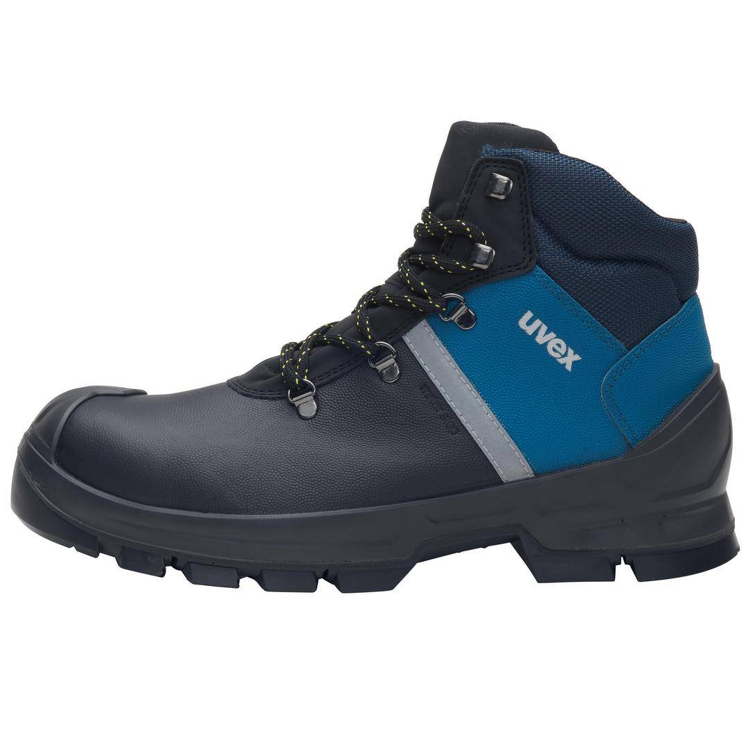 Black and navy blue safety boots with lace-up fastening and reflective strips, robust design for workplace protection.