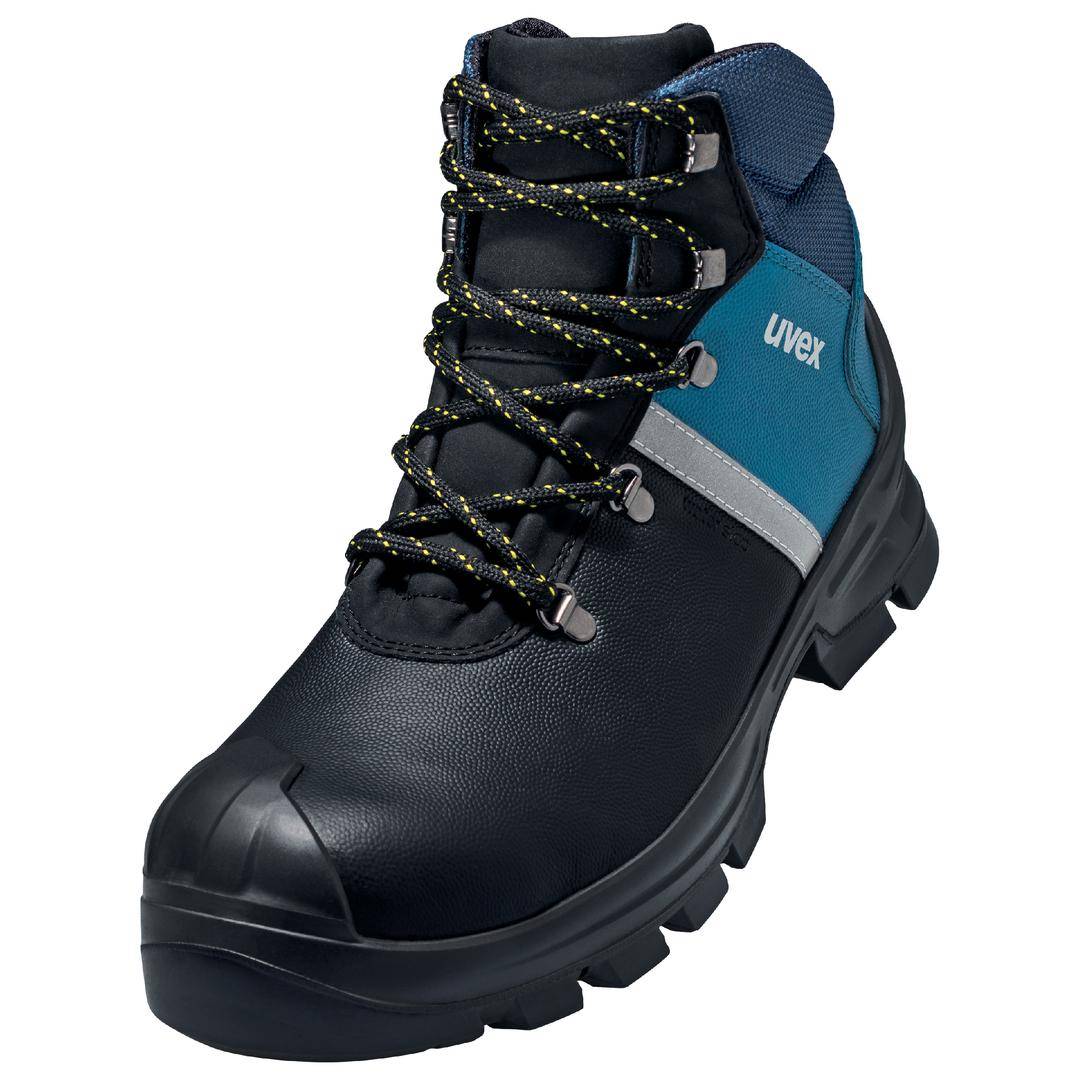 Black safety shoe with blue heel cap and laces. The 'uvex' logo is visible on the side.