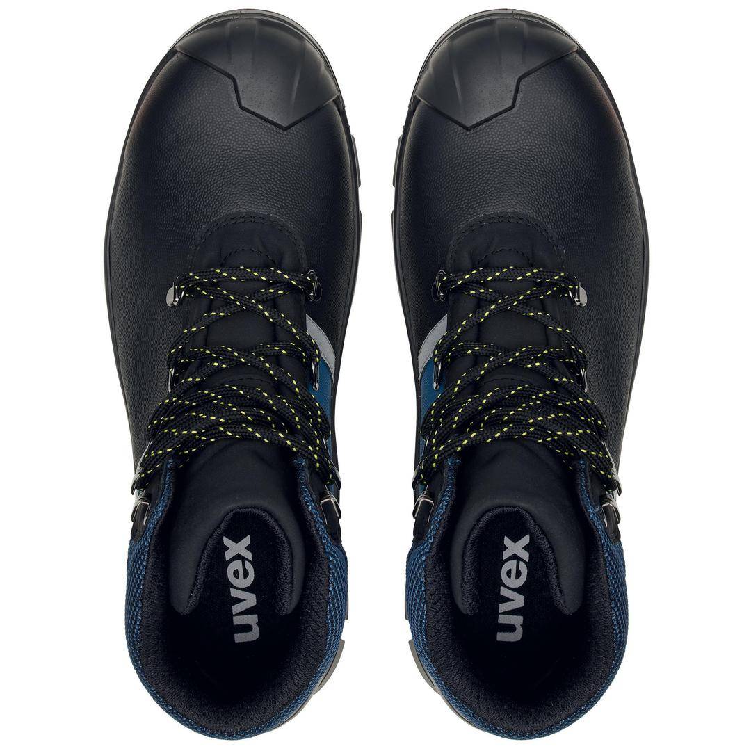 Black safety shoes viewed from above, with blue details and yellow-black laces printed with 'uvex'.