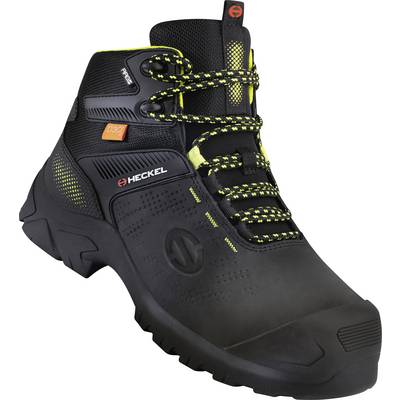 Black safety shoe with yellow and black lace-ups and reinforced toe cap, 'Heckel' brand logo on the side.
