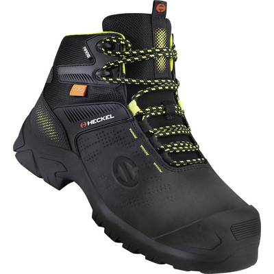Black safety boots with yellow laces and a non-slip sole. The brand name 'Heckel' visible on the side.