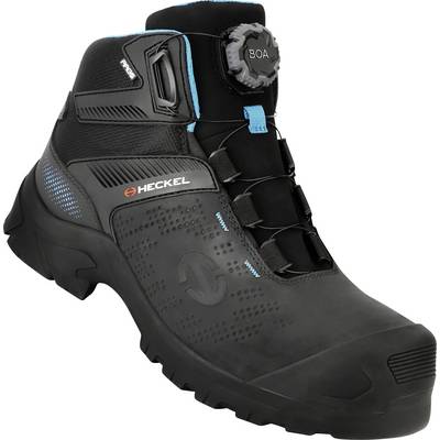 Black work shoe with BOA rotary fastener, reinforced toe cap and robust sole; logo and blue accents visible.