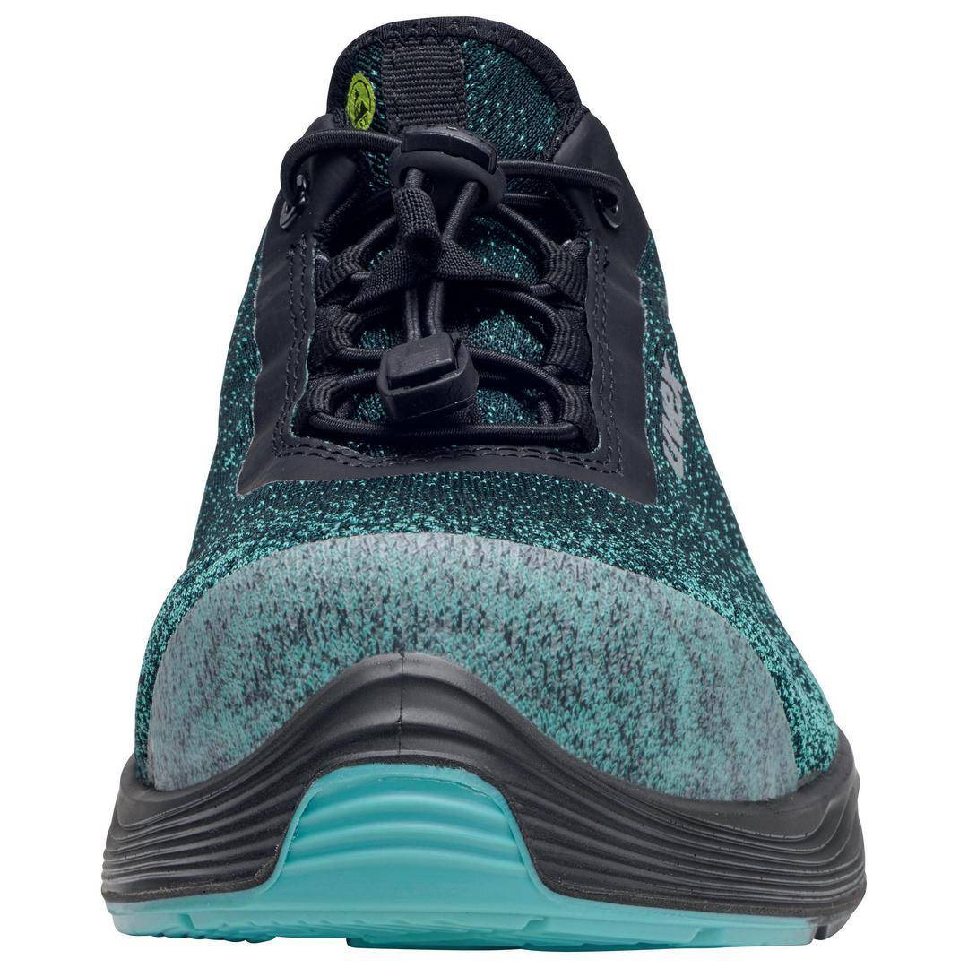 A turquoise sports trainer with grey and black accents, shown from the front, with black laces and a turquoise sole.