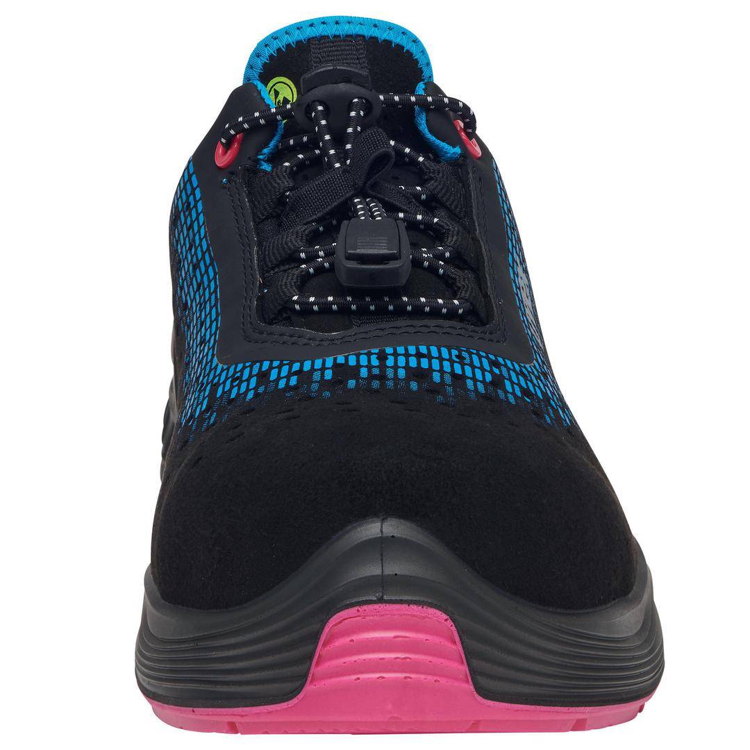 A black training shoe with blue and pink accents is shown from the front. It has colourful laces and a reinforced sole.