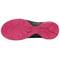 The image shows the sole of a shoe with a distinctive pink tread pattern on a black background.