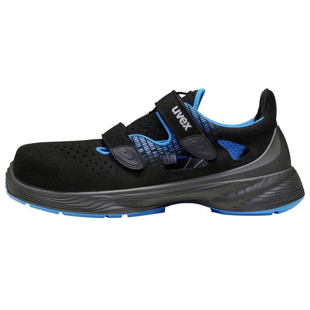 Black safety shoe with blue details, Velcro fastenings, and side ventilation holes.