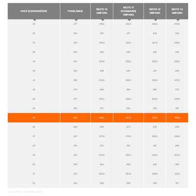 Uvex Shoe Size Chart Showing Sizes, Foot Lengths and Widths (10, 11, 12, 14) with Highlighted Row for Size 46