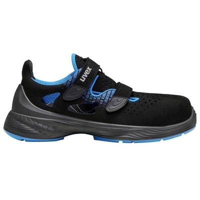 Black safety shoe with blue accents, two straps and ventilation holes. Suitable for work environments.