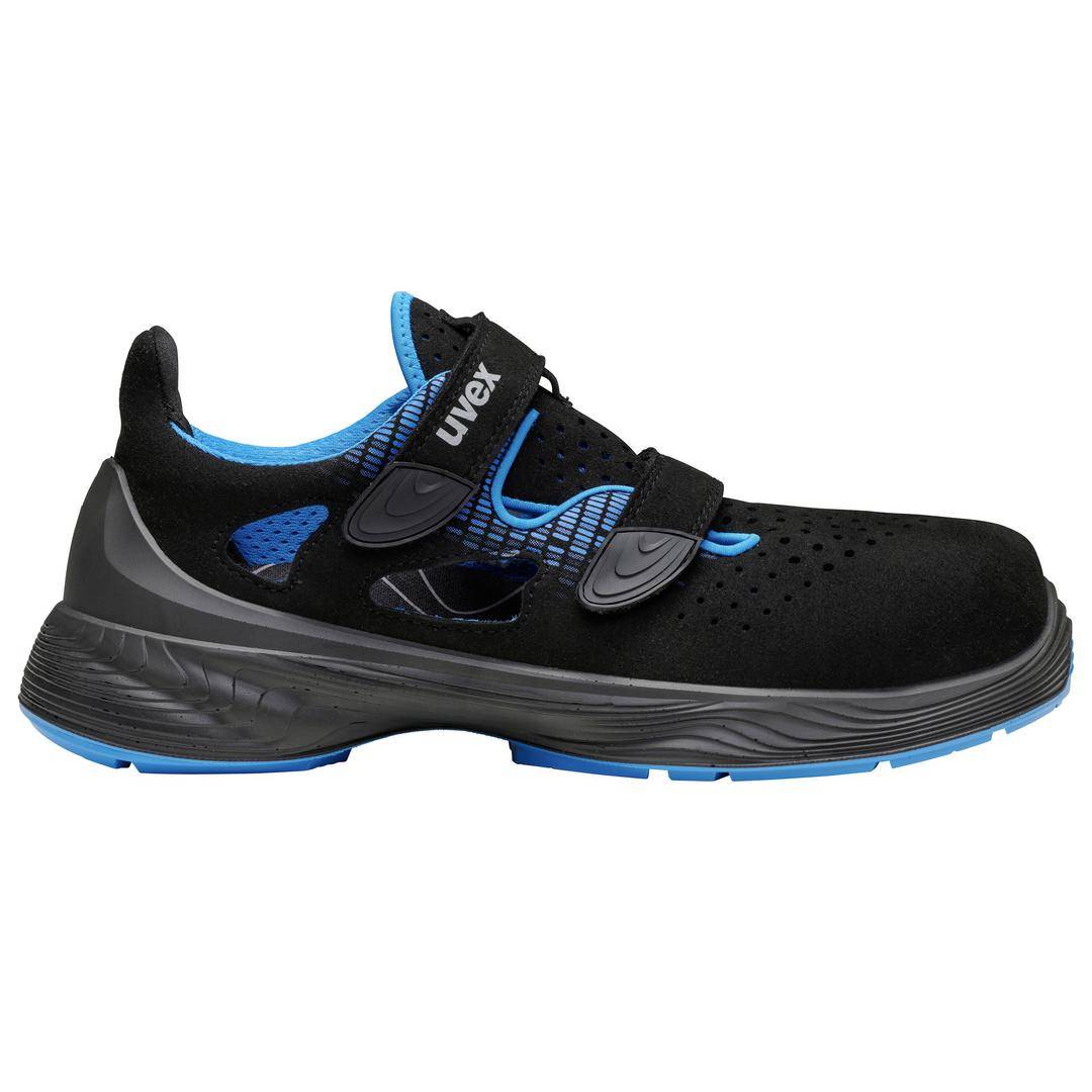 Black and blue safety shoe with breathable openings and two hook-and-loop fastenings, ideal for workplace protection.