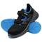 Black safety shoes with blue accents and touch-fastening straps. Profiled soles provide slip resistance.