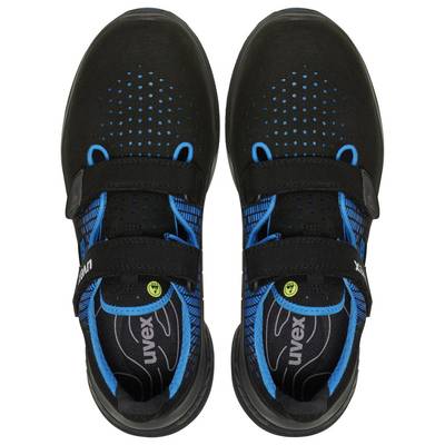 Two black and blue safety shoes with velcro fasteners, top view