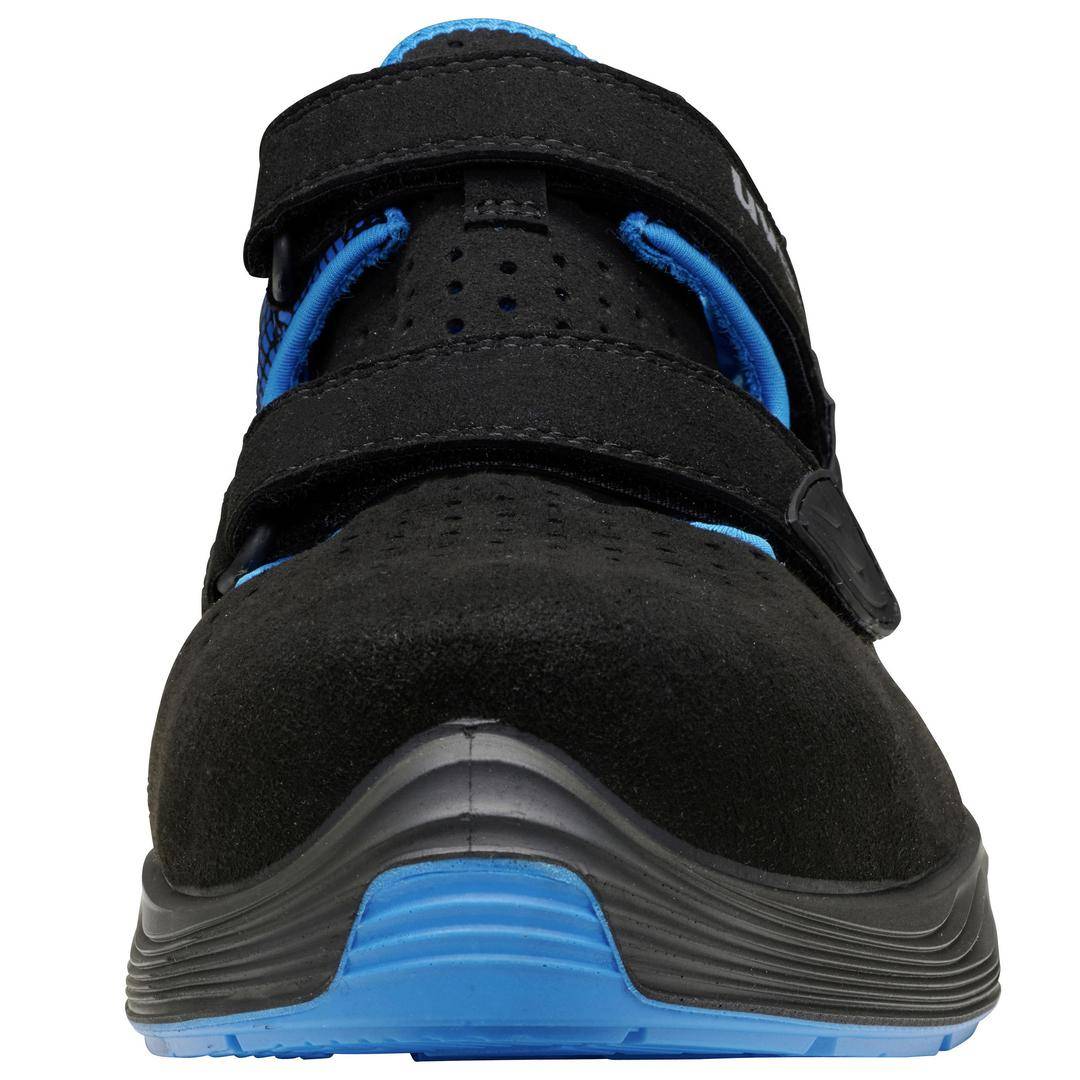 Black shoe with blue accents, front view. The shoe has two hook and loop fasteners and a sturdy, ribbed sole. Suitable for sports.