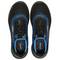 Two black work shoes with blue details and the 'uvex' logo on the insole, viewed from above.
