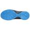 The sole of a sports shoe with blue, non-slip treads. It displays a combination of lines and patterns for enhanced grip.