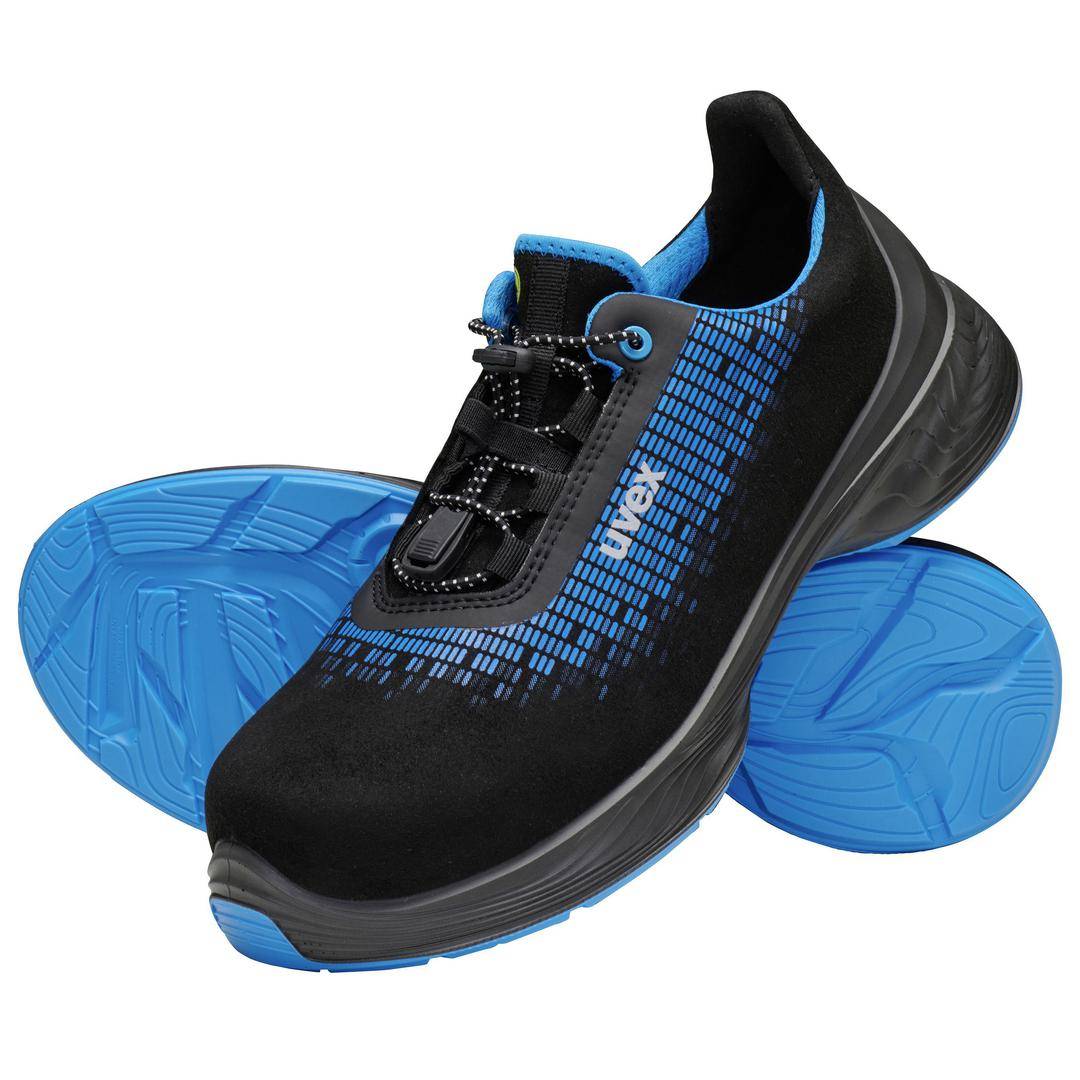 Black sports shoe with blue accents and soles. The 'uvex' brand is printed on the side. The shoe has a sporty, modern look.