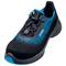 Black safety shoe with blue accents, comfortable padding, elastic lacing system, and non-slip sole.