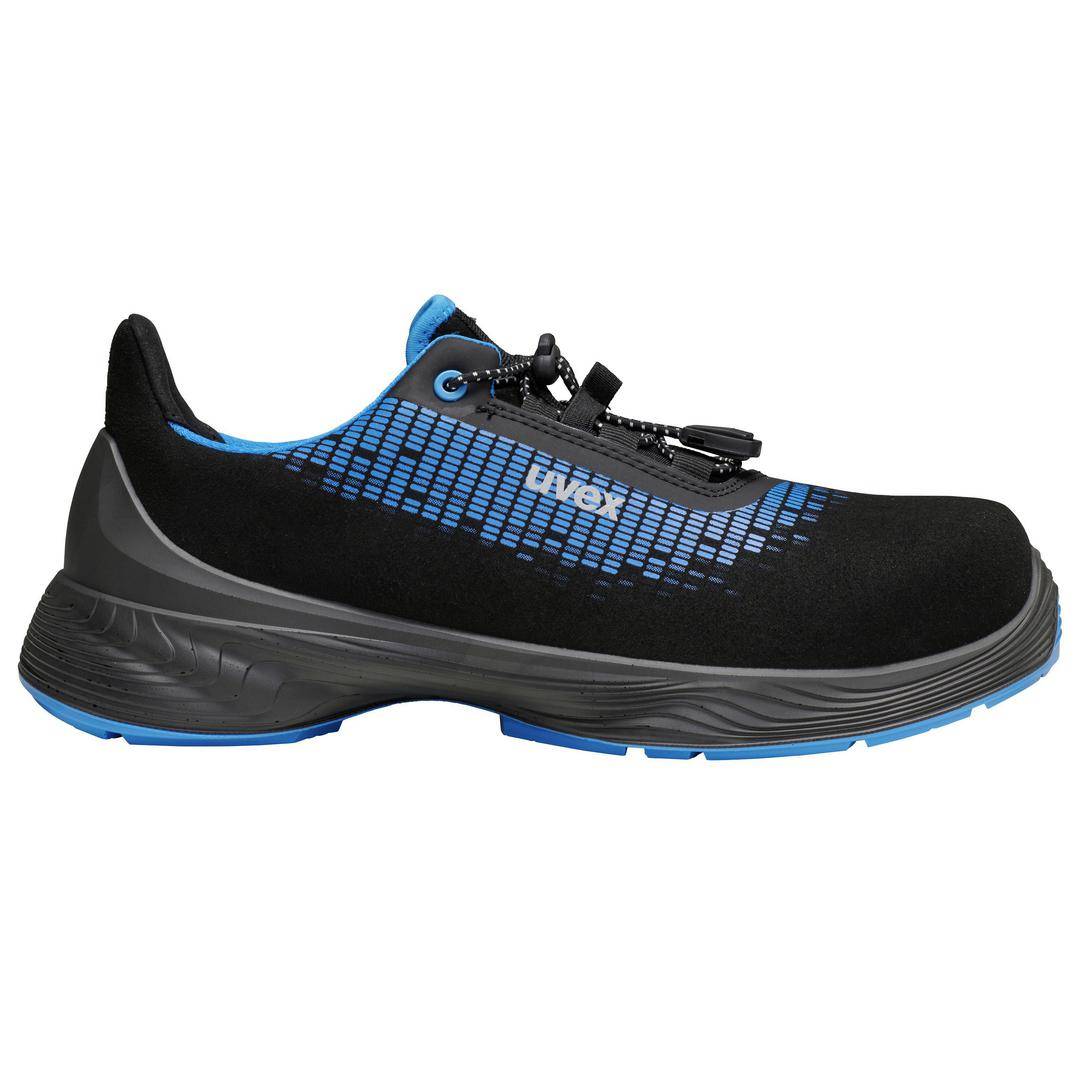 A black and blue sports trainer with a flat sole and a distinctive design on the side. Suitable for sporting activities.
