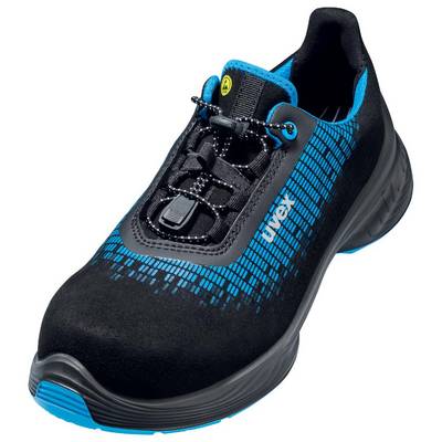 A black and blue safety shoe with modern lacing and a non-slip sole, well-suited for industrial environments.