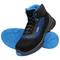 A pair of black safety shoes with blue soles and blue accents. The shoe displays a pattern and offers high ankle support.