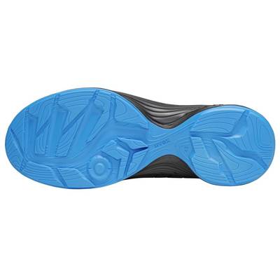 Blue-black shoe sole with a textured pattern and brand logo in the centre, showing various profiles and grooves for traction.