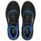 Black safety shoes with blue accents and a grey striped pattern, uvex logo on the tongue and side.