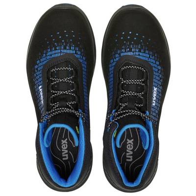 Two black safety shoes viewed from above, with blue accents and the 'uvex' brand on the side. They have a padded insole.
