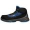 A black work shoe with blue accents and a high shaft. The shoe features a non-slip sole and a protective toe cap.
