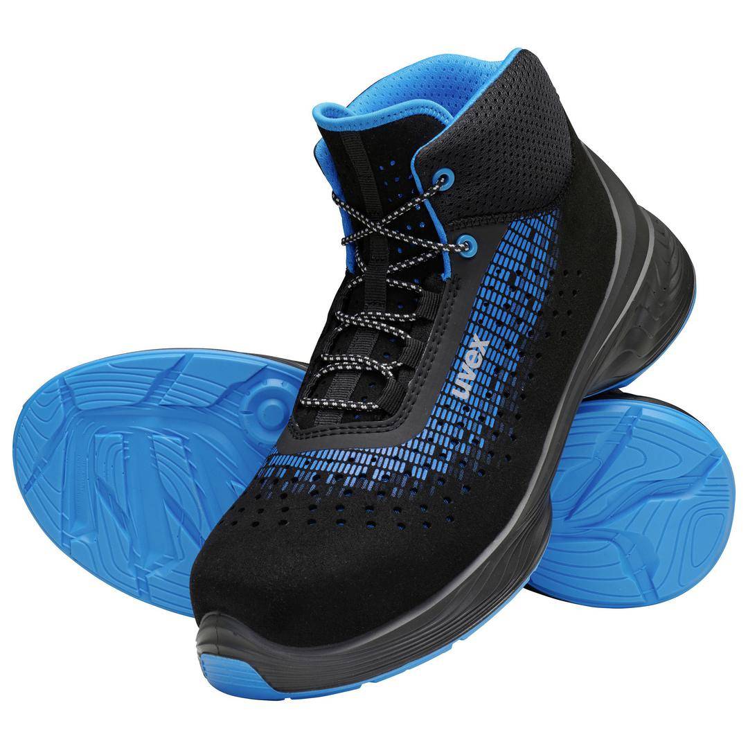 Black work shoes with blue soles and accents. They have laces and perforated material for ventilation.
