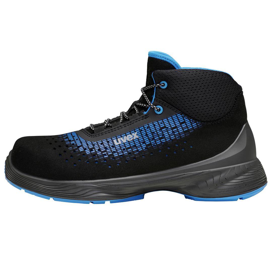 A black safety boot with blue accents and a sporty design. Brand name visible on the shoe.
