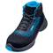 A black safety shoe with blue accents and laces. Ideal for protection during manual work.