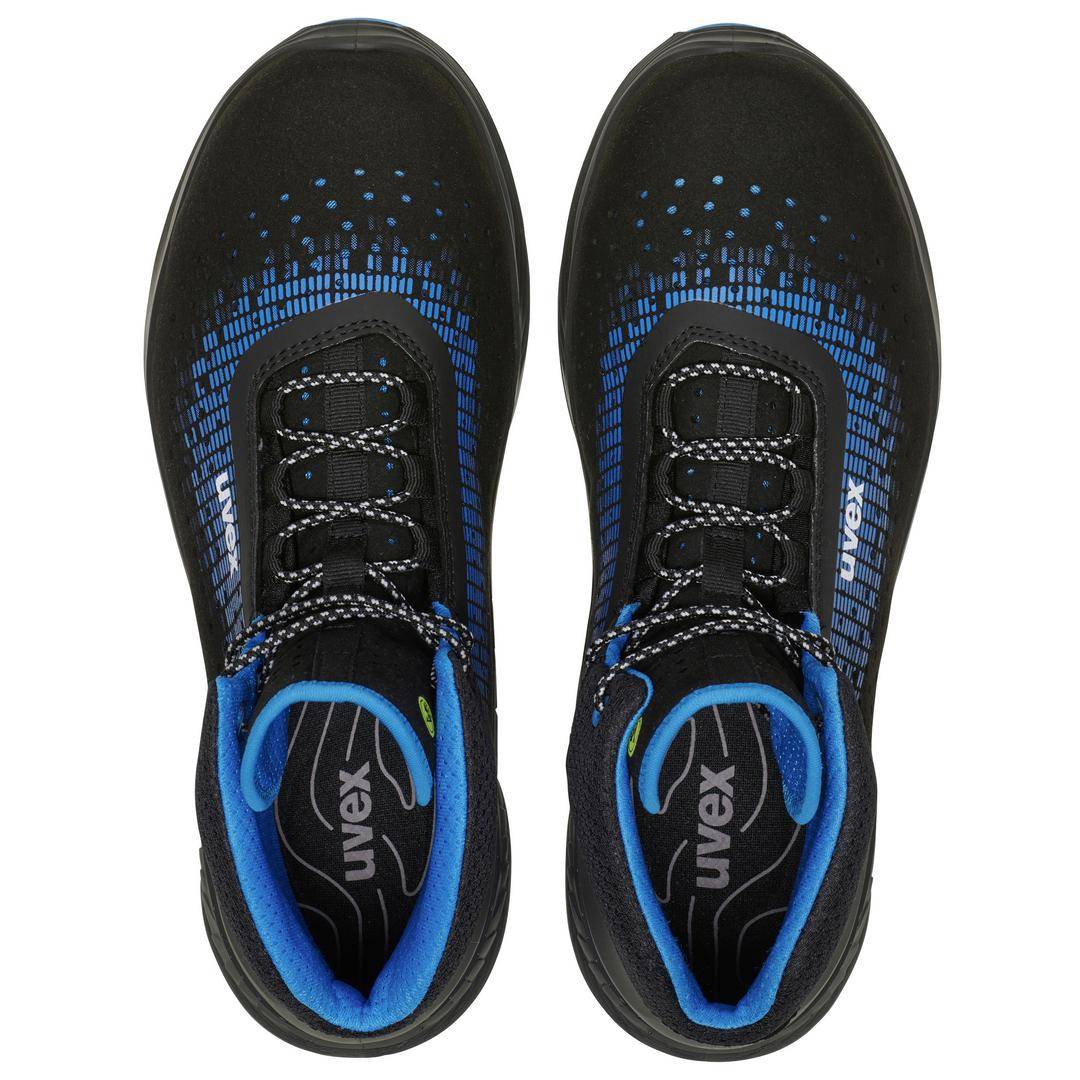 Two black shoes with blue accents, top view. Uvex brand shoes, suitable for work or sport.