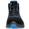 A black hiking boot with blue accents and black-blue laces. The sole is blue with non-slip detailing.
