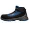Black and blue safety boot with enhanced ankle support, non-slip sole and lacing, viewed from the side.