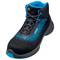 Black and blue work shoe with blue laces, non-slip sole and woven pattern; protective footwear for workplace safety.