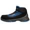 Black, ankle-high safety shoe with blue accents and non-slip sole, suitable for work environments.