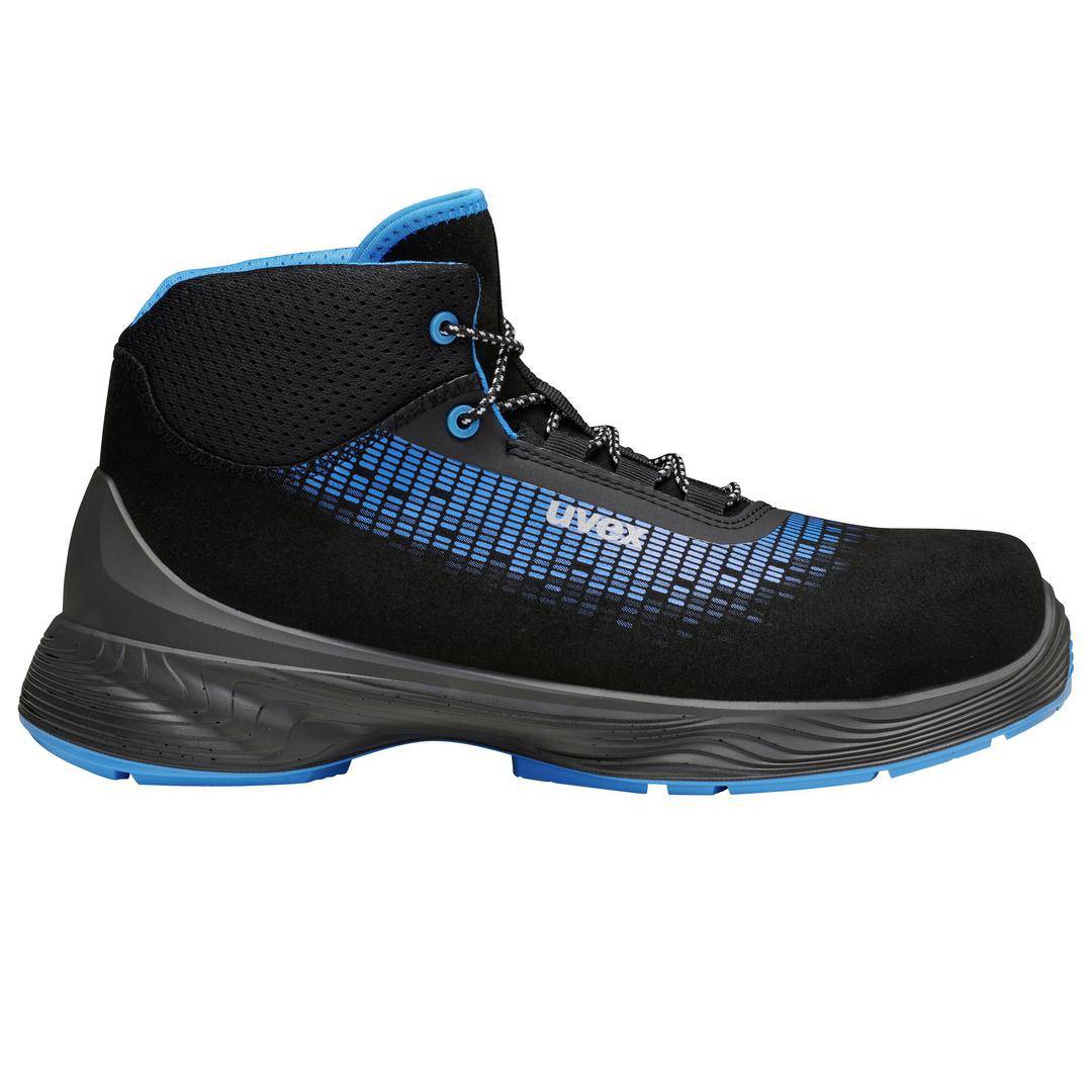 Black safety shoe with blue accents and a thick sole. Design combines functionality and modern style.