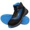 Two black safety shoes with blue details and non-slip sole. Shoe upper with blue pattern, reinforced toe area.