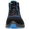 Black and blue shoe from the front view, with blue laces and a padded sole. Suitable for sporting activities.