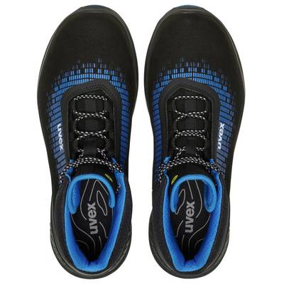 Two black and blue safety shoes viewed from above, with laces and the UVEX logo visible on the side.