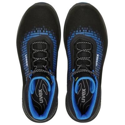 Two black safety shoes with blue accents, laces, and brand logo on the insole, viewed from above.