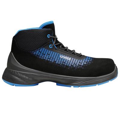 Black and blue high-top work shoe with laces. Reinforced sole and breathable material, suitable for working environments.